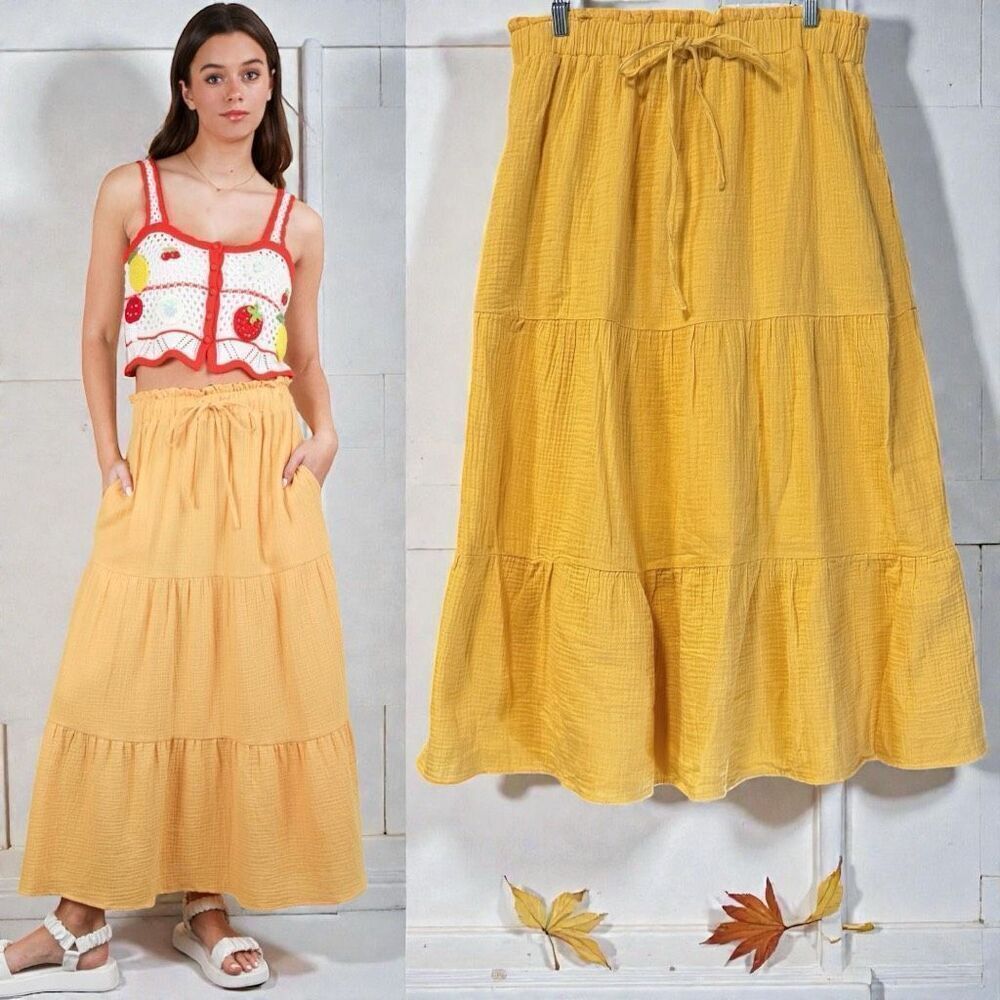 Boho Tiered Midi Skirt w/ Pockets & Elastic Waist | Yellow | Very J | NWT L - Picture 4 of 12